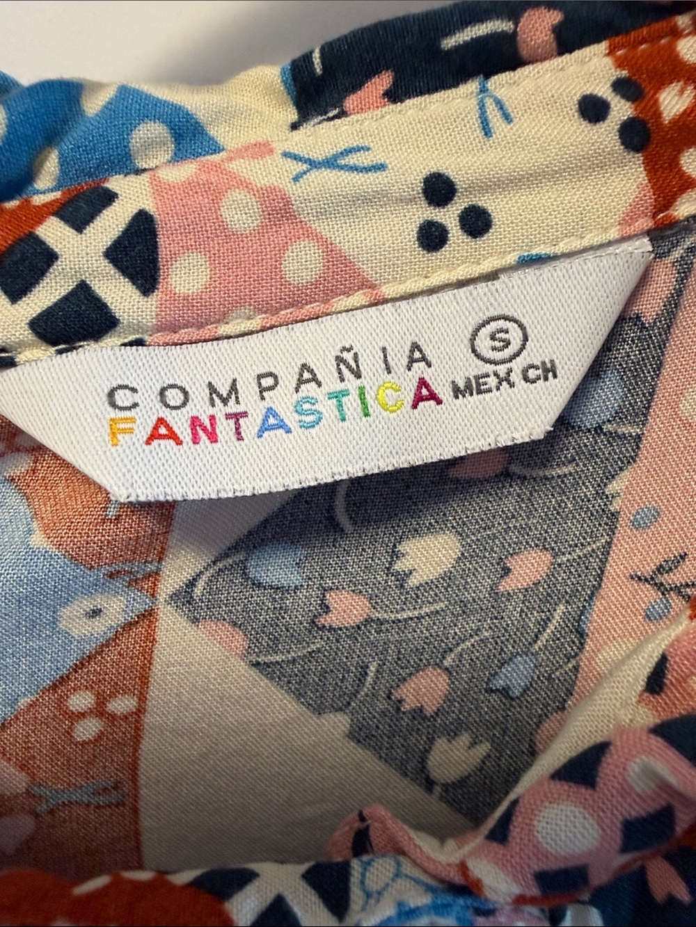 Patchwork Print Button-Down Shirt - Blue Pink Rust - Picture 2 of 2